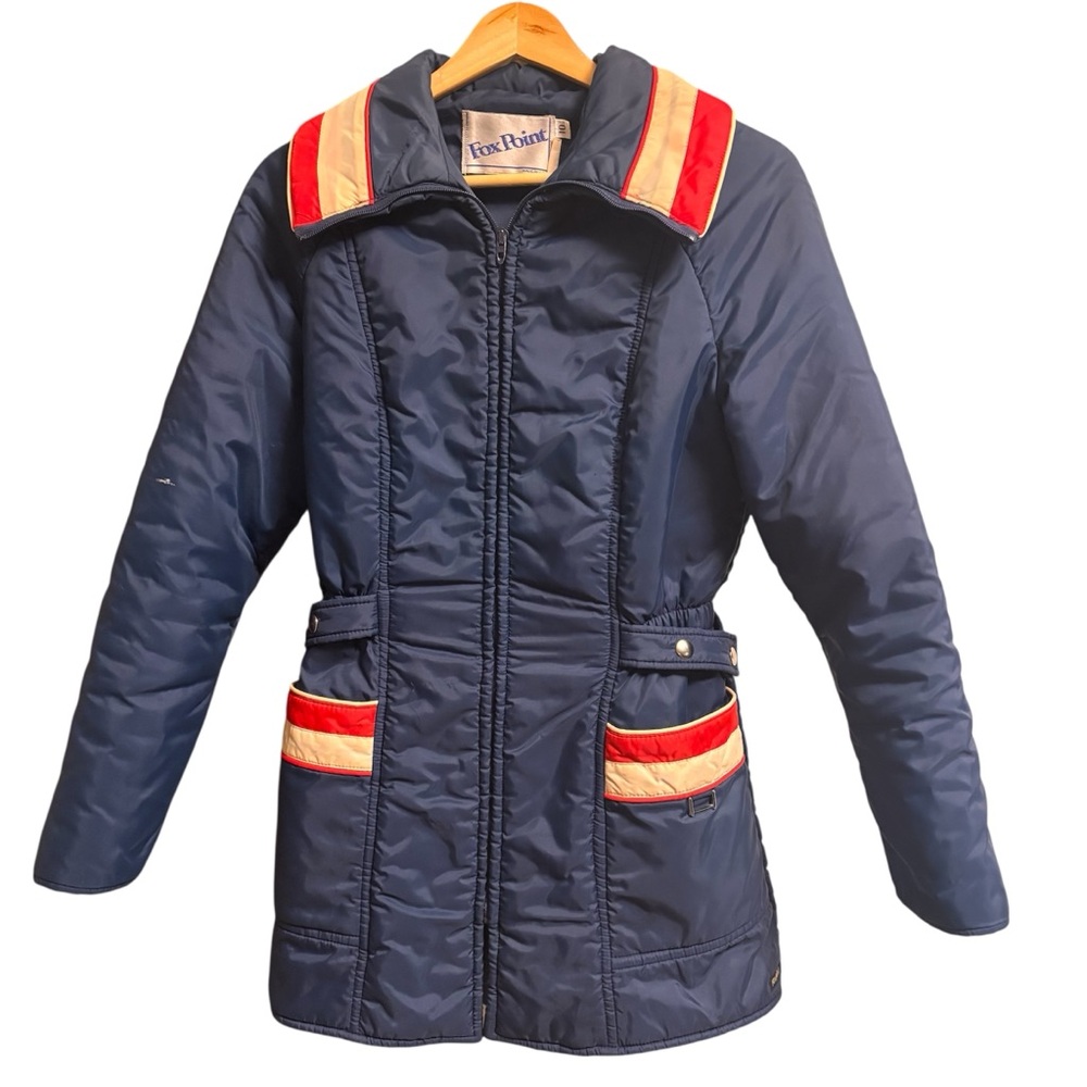 Vintage Fox Point Ski Jacket XS/10 Navy Retro Puffer Coat Red Stripe Winter